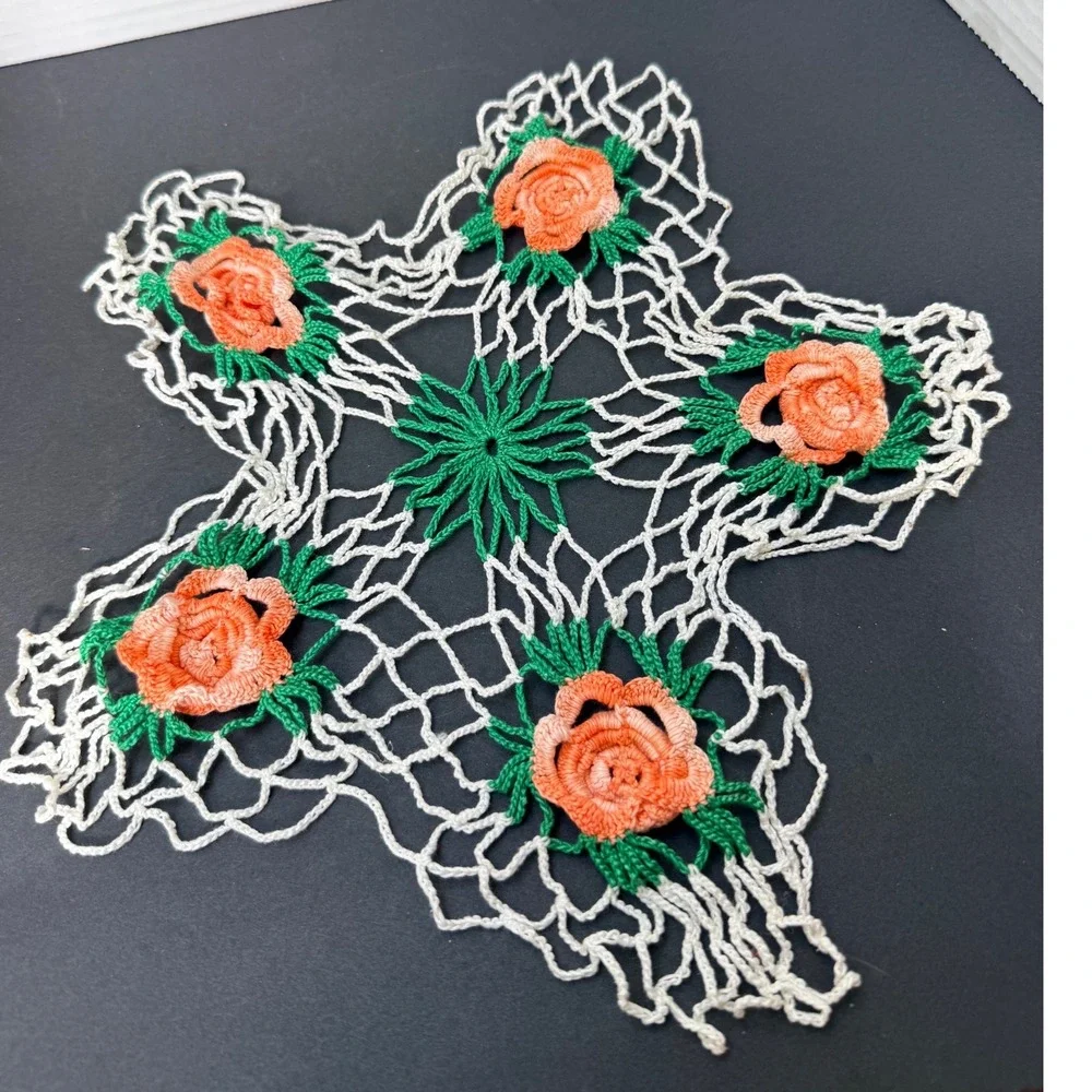 Vintage Handmade Crochet Star Doily 3D Peach Cabbage Rose Green White 13‎ Inch